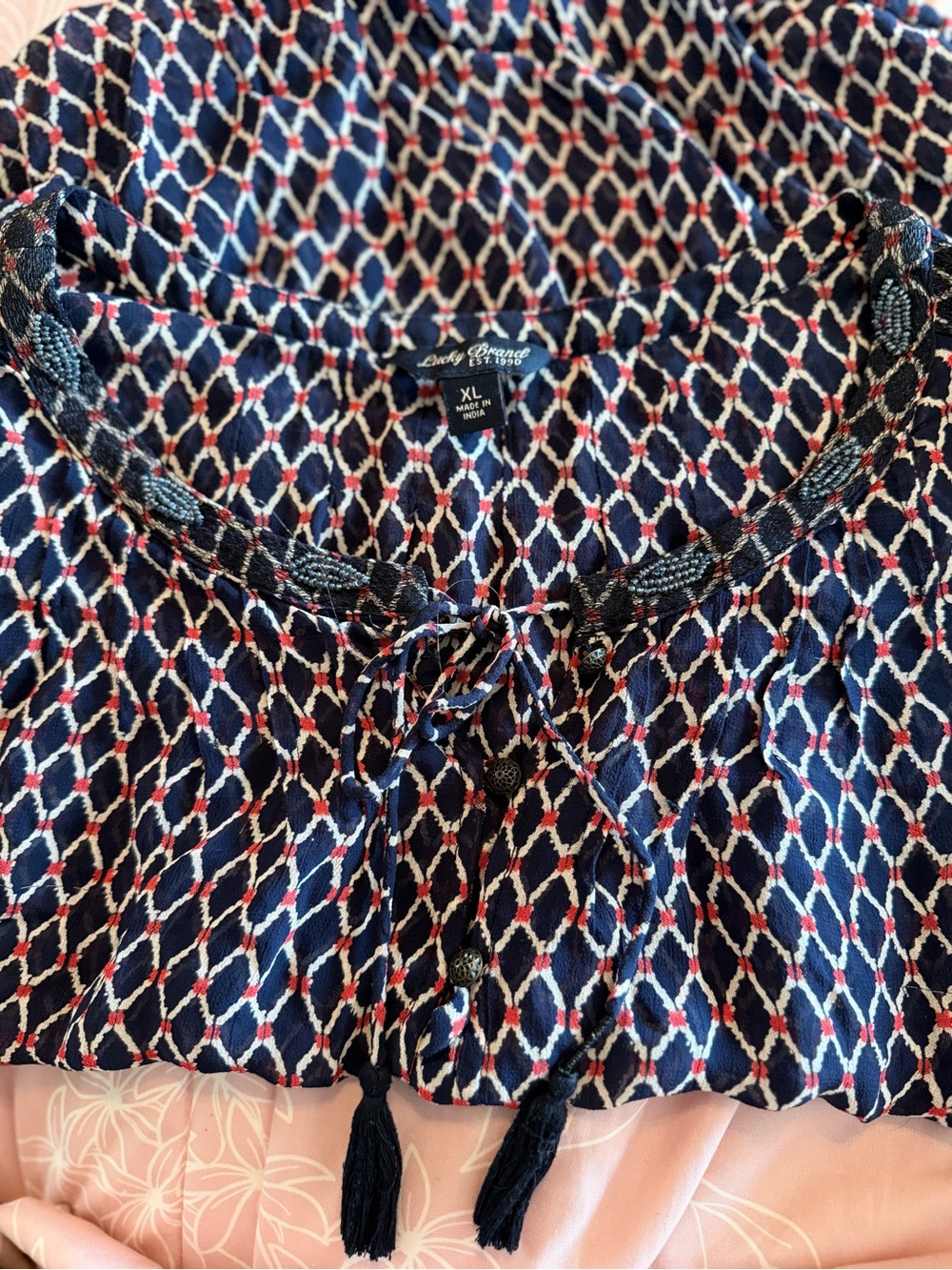 Lucky Brand Boho Geometric Diamond
Tassel Sheer Peasant Blouse - Size XL. EUC - Picture 4 of 12